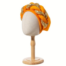 Load image into Gallery viewer, Elegant Golden Spangle 2-Strand Braid Turban - Vibrant African Wedding Headwear, Lightweight Polyester Fabric, Handwash/Dry Clean, Non-Stretch, Toggle Closure, Festive Attire|Luxury Headwrap|Intricate Braiding