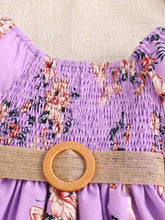Load image into Gallery viewer, Floral Puff Sleeve Shirred Belted Princess Dress for Girls, Summer Party Beach Vacation Clothes