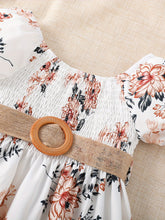 Load image into Gallery viewer, Floral Puff Sleeve Shirred Belted Princess Dress for Girls, Summer Party Beach Vacation Clothes