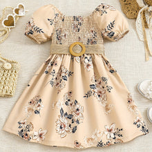 Load image into Gallery viewer, Floral Puff Sleeve Shirred Belted Princess Dress for Girls, Summer Party Beach Vacation Clothes