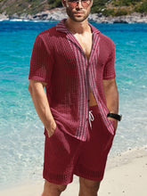 Load image into Gallery viewer, 2Pcs Men's Co-ord Set - Breathable Hollow Out Short Sleeve Shirt and Drawstring Shorts for Summer - Daily Leisure, Vacation, Resorts, and Outdoor Activities