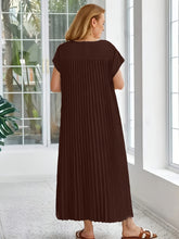 Load image into Gallery viewer, Women'S Elegant Pleated A-Line Maxi Dress - Navy Blue, Short Sleeve, Crew Neck, Loose Fit, Perfect for Spring/Summer/Fall, Vacation Attire, Vacation Dress | Pleated Aline Dress | Nonstretch Fabric