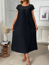 Load image into Gallery viewer, Women'S Elegant Pleated A-Line Maxi Dress - Navy Blue, Short Sleeve, Crew Neck, Loose Fit, Perfect for Spring/Summer/Fall, Vacation Attire, Vacation Dress | Pleated Aline Dress | Nonstretch Fabric