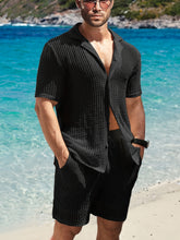 Load image into Gallery viewer, 2Pcs Men's Co-ord Set - Breathable Hollow Out Short Sleeve Shirt and Drawstring Shorts for Summer - Daily Leisure, Vacation, Resorts, and Outdoor Activities