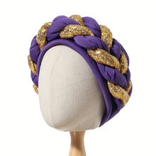 Load image into Gallery viewer, Elegant Golden Spangle 2-Strand Braid Turban - Vibrant African Wedding Headwear, Lightweight Polyester Fabric, Handwash/Dry Clean, Non-Stretch, Toggle Closure, Festive Attire|Luxury Headwrap|Intricate Braiding