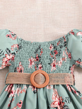 Load image into Gallery viewer, Floral Puff Sleeve Shirred Belted Princess Dress for Girls, Summer Party Beach Vacation Clothes