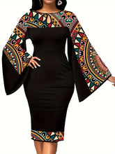 Load image into Gallery viewer, African Dresses For Women Bell Sleeve Print Casual Dress Elegant Nigerian Bodycon Pencil Attire