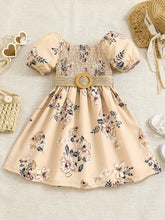 Load image into Gallery viewer, Floral Puff Sleeve Shirred Belted Princess Dress for Girls, Summer Party Beach Vacation Clothes