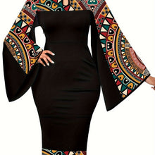Load image into Gallery viewer, African Dresses For Women Bell Sleeve Print Casual Dress Elegant Nigerian Bodycon Pencil Attire
