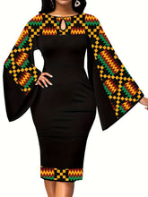 Load image into Gallery viewer, African Dresses For Women Bell Sleeve Print Casual Dress Elegant Nigerian Bodycon Pencil Attire