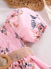 Load image into Gallery viewer, Floral Puff Sleeve Shirred Belted Princess Dress for Girls, Summer Party Beach Vacation Clothes