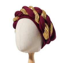 Load image into Gallery viewer, Elegant Golden Spangle 2-Strand Braid Turban - Vibrant African Wedding Headwear, Lightweight Polyester Fabric, Handwash/Dry Clean, Non-Stretch, Toggle Closure, Festive Attire|Luxury Headwrap|Intricate Braiding