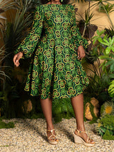 Load image into Gallery viewer, Plus Size, Plus Size Women's Elegant A-Line Short Dress with Green & Golden African Print - Long Sleeve Round Neck Short Length (knee-Length hem) Fitted Bodice & Flowy, Wrinkle-Resistant for Weddings, Parties, - Machine Washa