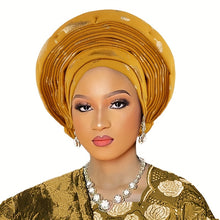 Load image into Gallery viewer, Elegant Nigerian-Inspired Floral Headscarf - Lightweight, Multi-Layered African Wrap for Women, Green with Golden Accents, Perfect for Weddings & Formal Events, Wedding Headwear | Floral Pattern Scarf | Lightweight Headscarf