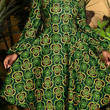 Load image into Gallery viewer, Plus Size, Plus Size Women's Elegant A-Line Short Dress with Green & Golden African Print - Long Sleeve Round Neck Short Length (knee-Length hem) Fitted Bodice & Flowy, Wrinkle-Resistant for Weddings, Parties, - Machine Washa