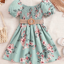 Load image into Gallery viewer, Floral Puff Sleeve Shirred Belted Princess Dress for Girls, Summer Party Beach Vacation Clothes