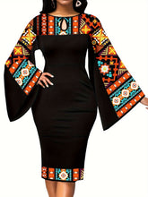 Load image into Gallery viewer, African Dresses For Women Bell Sleeve Print Casual Dress Elegant Nigerian Bodycon Pencil Attire