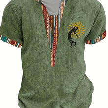 Load image into Gallery viewer, Men'S Vintage Green Henley Shirt with Traditional African Patterns - Casual Short Sleeve, Button-Up, V-Neck, Summer Wear, Polyester Blend, Button Detail, African Fashion Shirt