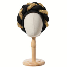 Load image into Gallery viewer, Elegant Golden Spangle 2-Strand Braid Turban - Vibrant African Wedding Headwear, Lightweight Polyester Fabric, Handwash/Dry Clean, Non-Stretch, Toggle Closure, Festive Attire|Luxury Headwrap|Intricate Braiding