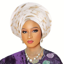 Load image into Gallery viewer, Elegant Nigerian-Inspired Floral Headscarf - Lightweight, Multi-Layered African Wrap for Women, Green with Golden Accents, Perfect for Weddings & Formal Events, Wedding Headwear | Floral Pattern Scarf | Lightweight Headscarf