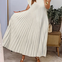Load image into Gallery viewer, Women'S Elegant Pleated A-Line Maxi Dress - Navy Blue, Short Sleeve, Crew Neck, Loose Fit, Perfect for Spring/Summer/Fall, Vacation Attire, Vacation Dress | Pleated Aline Dress | Nonstretch Fabric