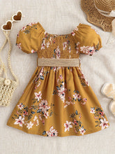 Load image into Gallery viewer, Floral Puff Sleeve Shirred Belted Princess Dress for Girls, Summer Party Beach Vacation Clothes