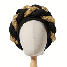 Load image into Gallery viewer, Elegant Golden Spangle 2-Strand Braid Turban - Vibrant African Wedding Headwear, Lightweight Polyester Fabric, Handwash/Dry Clean, Non-Stretch, Toggle Closure, Festive Attire|Luxury Headwrap|Intricate Braiding
