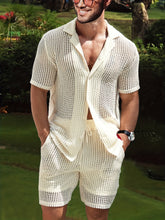 Load image into Gallery viewer, 2Pcs Men's Co-ord Set - Breathable Hollow Out Short Sleeve Shirt and Drawstring Shorts for Summer - Daily Leisure, Vacation, Resorts, and Outdoor Activities
