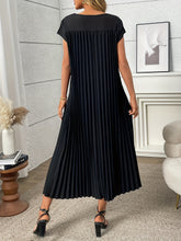 Load image into Gallery viewer, Women'S Elegant Pleated A-Line Maxi Dress - Navy Blue, Short Sleeve, Crew Neck, Loose Fit, Perfect for Spring/Summer/Fall, Vacation Attire, Vacation Dress | Pleated Aline Dress | Nonstretch Fabric