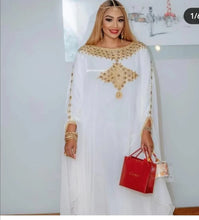 Load image into Gallery viewer, Chiffon African Dashiki Muslim Abayas For Women Dubai Maxi Bazin Dress Pattern Print Kaftan Batwing Sleeve Sashes Pullover Robe