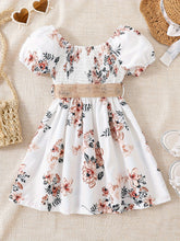 Load image into Gallery viewer, Floral Puff Sleeve Shirred Belted Princess Dress for Girls, Summer Party Beach Vacation Clothes