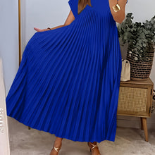 Load image into Gallery viewer, Women'S Elegant Pleated A-Line Maxi Dress - Navy Blue, Short Sleeve, Crew Neck, Loose Fit, Perfect for Spring/Summer/Fall, Vacation Attire, Vacation Dress | Pleated Aline Dress | Nonstretch Fabric