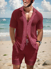 Load image into Gallery viewer, 2Pcs Men's Co-ord Set - Breathable Hollow Out Short Sleeve Shirt and Drawstring Shorts for Summer - Daily Leisure, Vacation, Resorts, and Outdoor Activities