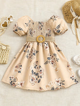Load image into Gallery viewer, Floral Puff Sleeve Shirred Belted Princess Dress for Girls, Summer Party Beach Vacation Clothes