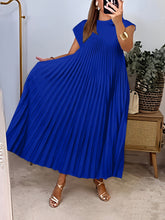 Load image into Gallery viewer, Women'S Elegant Pleated A-Line Maxi Dress - Navy Blue, Short Sleeve, Crew Neck, Loose Fit, Perfect for Spring/Summer/Fall, Vacation Attire, Vacation Dress | Pleated Aline Dress | Nonstretch Fabric