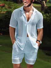 Load image into Gallery viewer, 2Pcs Men's Co-ord Set - Breathable Hollow Out Short Sleeve Shirt and Drawstring Shorts for Summer - Daily Leisure, Vacation, Resorts, and Outdoor Activities