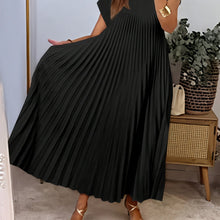 Load image into Gallery viewer, Women'S Elegant Pleated A-Line Maxi Dress - Navy Blue, Short Sleeve, Crew Neck, Loose Fit, Perfect for Spring/Summer/Fall, Vacation Attire, Vacation Dress | Pleated Aline Dress | Nonstretch Fabric