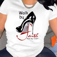 Load image into Gallery viewer, Walk by Faith Graphic Tee - Soft Mid-Elasticity Polyester Crew Neck Short Sleeve Top for Spring/Summer, Regular Length, Machine Washable, Alphabets Print, Vacation Style - Womens Casual T-Shirt for All Seasons