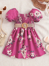 Load image into Gallery viewer, Floral Puff Sleeve Shirred Belted Princess Dress for Girls, Summer Party Beach Vacation Clothes