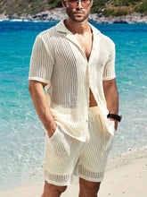 Load image into Gallery viewer, 2Pcs Men's Co-ord Set - Breathable Hollow Out Short Sleeve Shirt and Drawstring Shorts for Summer - Daily Leisure, Vacation, Resorts, and Outdoor Activities