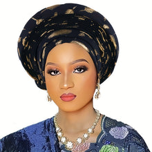 Load image into Gallery viewer, Elegant Nigerian-Inspired Floral Headscarf - Lightweight, Multi-Layered African Wrap for Women, Green with Golden Accents, Perfect for Weddings & Formal Events, Wedding Headwear | Floral Pattern Scarf | Lightweight Headscarf