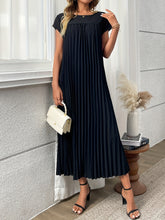 Load image into Gallery viewer, Women'S Elegant Pleated A-Line Maxi Dress - Navy Blue, Short Sleeve, Crew Neck, Loose Fit, Perfect for Spring/Summer/Fall, Vacation Attire, Vacation Dress | Pleated Aline Dress | Nonstretch Fabric
