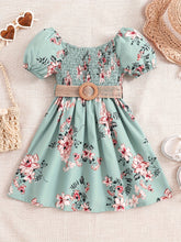 Load image into Gallery viewer, Floral Puff Sleeve Shirred Belted Princess Dress for Girls, Summer Party Beach Vacation Clothes