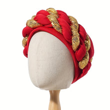 Load image into Gallery viewer, Elegant Golden Spangle 2-Strand Braid Turban - Vibrant African Wedding Headwear, Lightweight Polyester Fabric, Handwash/Dry Clean, Non-Stretch, Toggle Closure, Festive Attire|Luxury Headwrap|Intricate Braiding