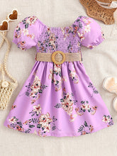 Load image into Gallery viewer, Floral Puff Sleeve Shirred Belted Princess Dress for Girls, Summer Party Beach Vacation Clothes