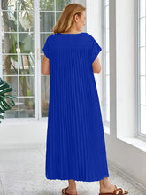 Load image into Gallery viewer, Women'S Elegant Pleated A-Line Maxi Dress - Navy Blue, Short Sleeve, Crew Neck, Loose Fit, Perfect for Spring/Summer/Fall, Vacation Attire, Vacation Dress | Pleated Aline Dress | Nonstretch Fabric