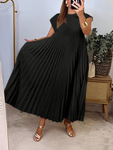 Load image into Gallery viewer, Women'S Elegant Pleated A-Line Maxi Dress - Navy Blue, Short Sleeve, Crew Neck, Loose Fit, Perfect for Spring/Summer/Fall, Vacation Attire, Vacation Dress | Pleated Aline Dress | Nonstretch Fabric