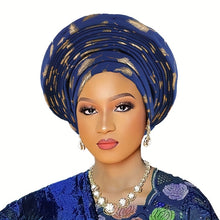 Load image into Gallery viewer, Elegant Nigerian-Inspired Floral Headscarf - Lightweight, Multi-Layered African Wrap for Women, Green with Golden Accents, Perfect for Weddings & Formal Events, Wedding Headwear | Floral Pattern Scarf | Lightweight Headscarf