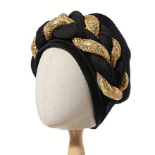 Load image into Gallery viewer, Elegant Golden Spangle 2-Strand Braid Turban - Vibrant African Wedding Headwear, Lightweight Polyester Fabric, Handwash/Dry Clean, Non-Stretch, Toggle Closure, Festive Attire|Luxury Headwrap|Intricate Braiding