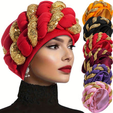 Load image into Gallery viewer, Elegant Golden Spangle 2-Strand Braid Turban - Vibrant African Wedding Headwear, Lightweight Polyester Fabric, Handwash/Dry Clean, Non-Stretch, Toggle Closure, Festive Attire|Luxury Headwrap|Intricate Braiding